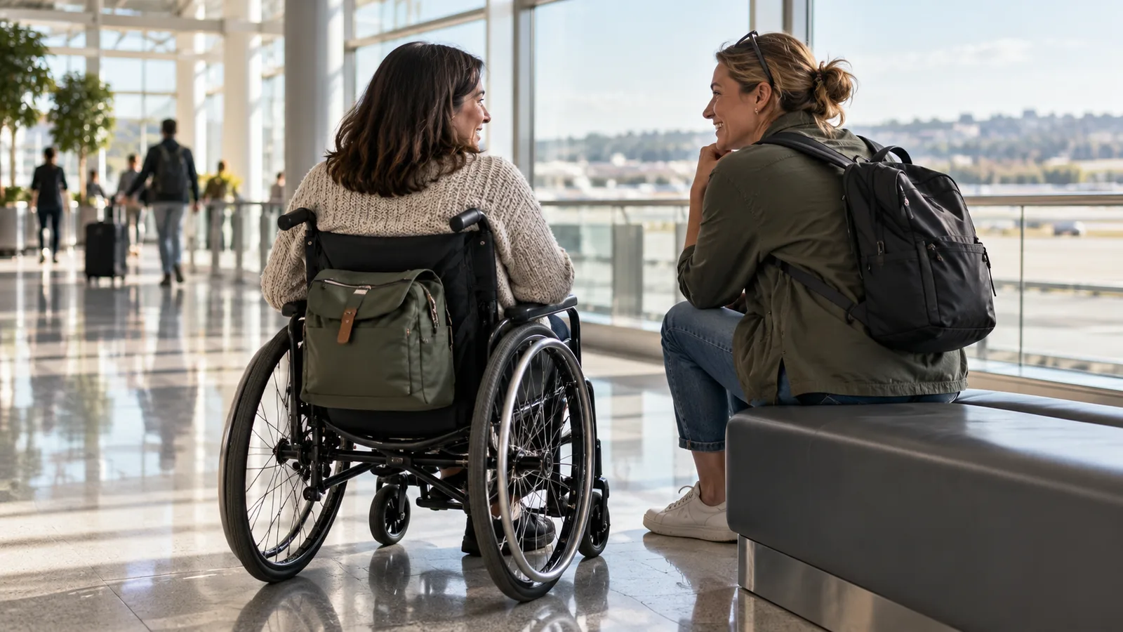 An illustrative wheelchair traveler meeting a companion