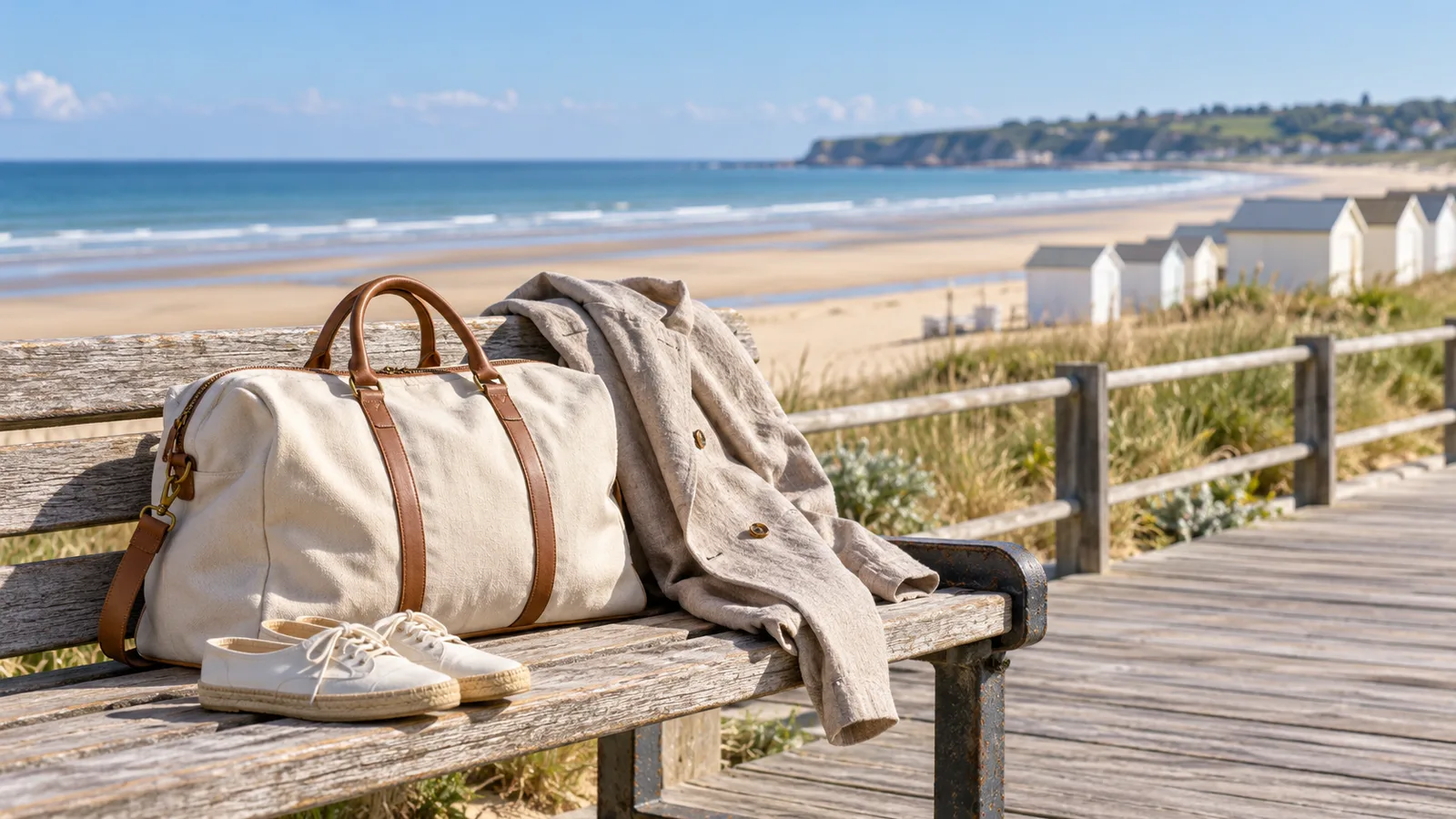 An illustrative weekender bag beside a seaside promenade
