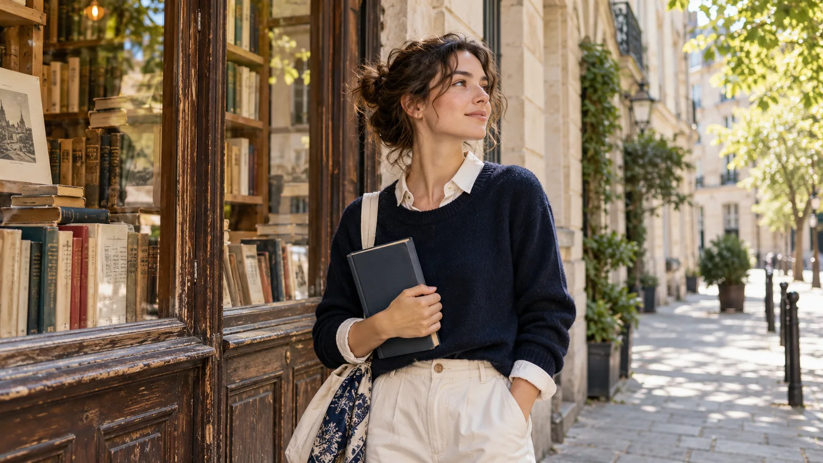 An illustrative traveler with a book beside a bookshop