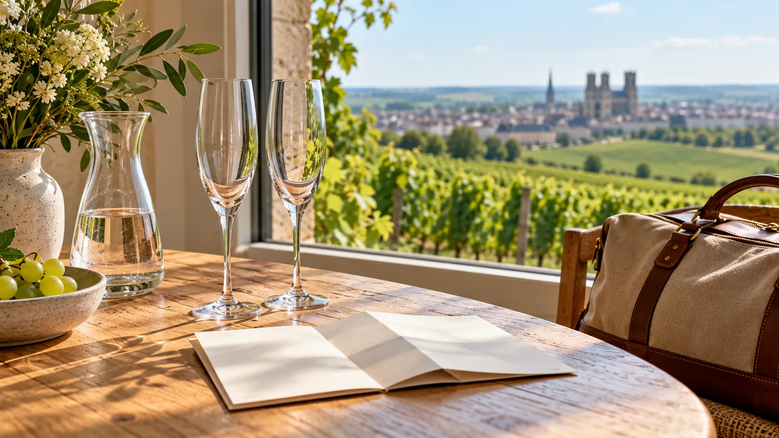 An illustrative wine-visit itinerary beside empty champagne glasses